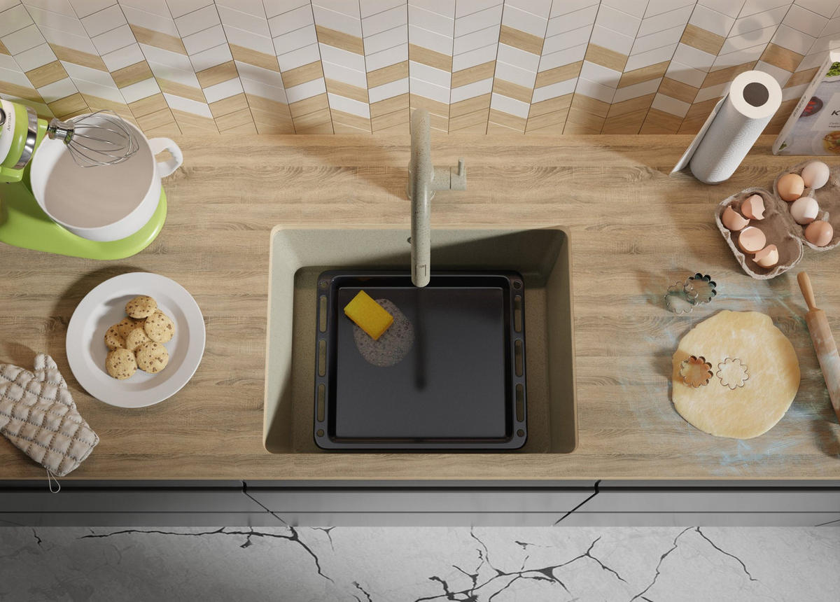 UNTERBAUSPÜLE GRANIT Venedig Easy, 2-er set Beige 56/44 cm 1 Becken + Ablauf-Set ab 60er Unterschrank - Beige, Kunststoff (56/20/44cm) - Primagran