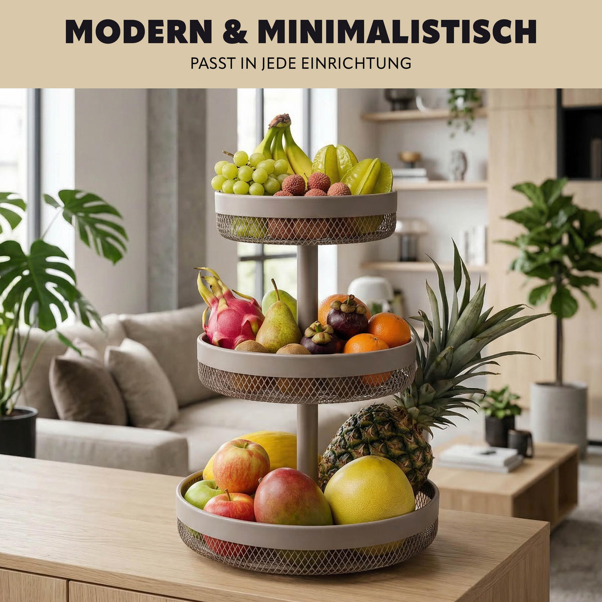 OBSTETAGERE rund, 3-stöckig, Ø 20 cm, 25 cm und 30 cm, taupe, Metall - Taupe, Metall (42cm) - eluno