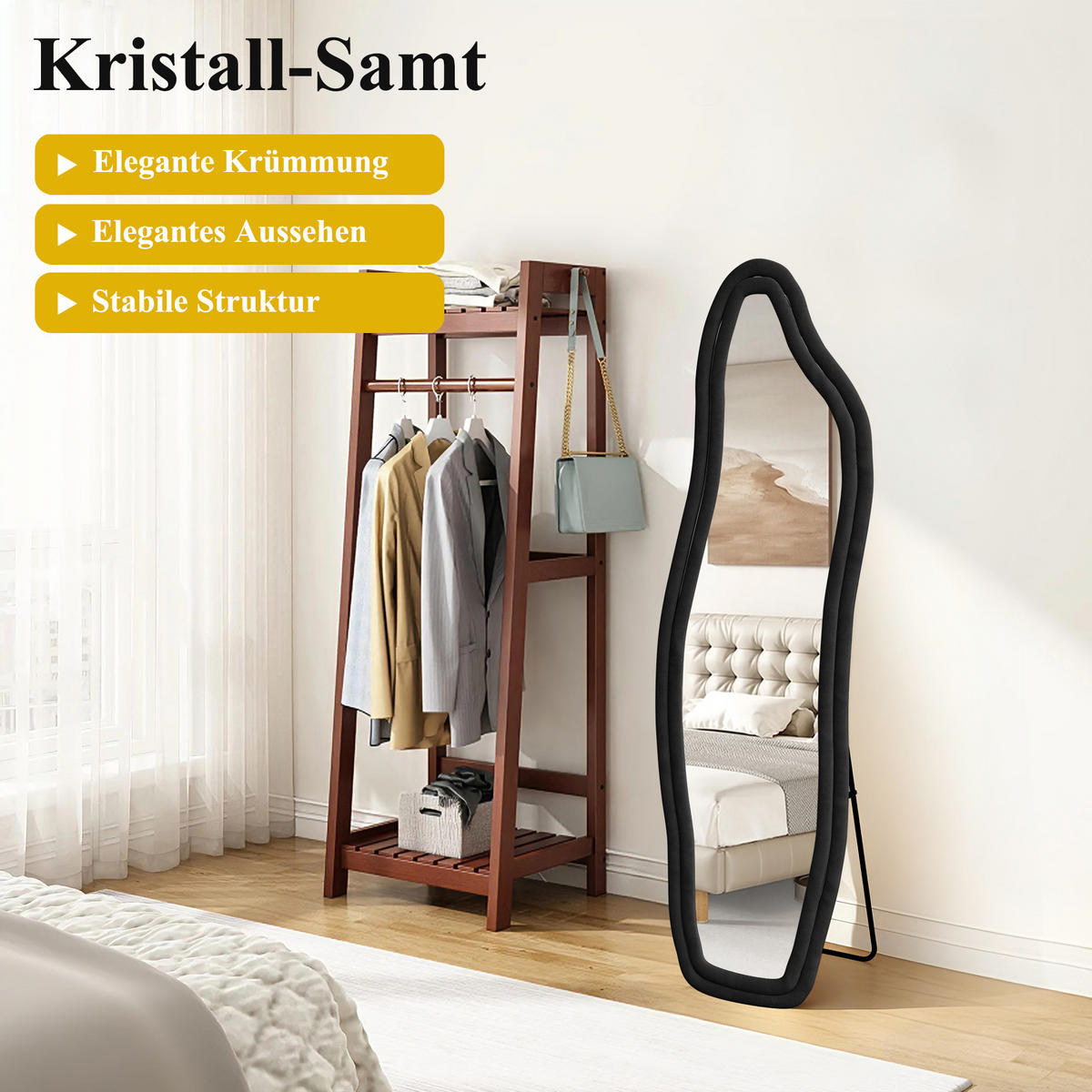 STANDSPIEGEL 140x45 cm Wellenform Holzrahmen schwarz - Schwarz, Holz (45/140/3cm) - LEBENLANG