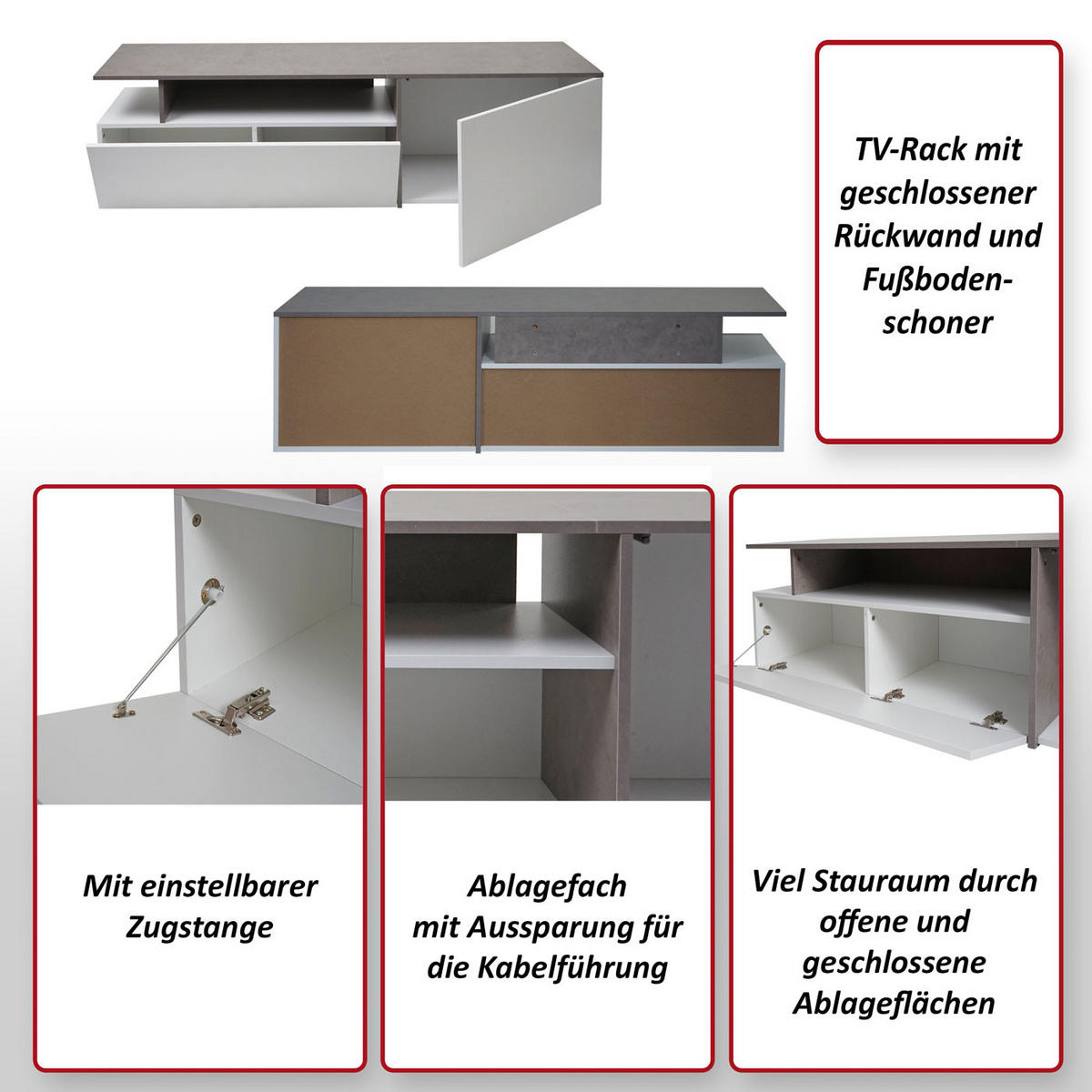TV-RACK Beton Dekor, weiß - Weiß/Grau, Holz (161/45/40cm) - MCW