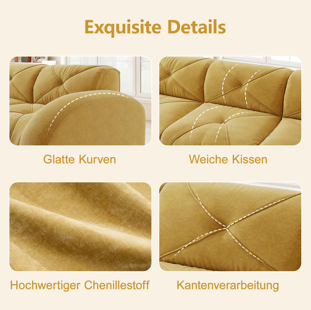 WOHNLANDSCHAFT in Gelb aus Chenille mit Hockern und rahmenlosem Design - Gelb, Textil (171/76/281cm) - Flora Grace