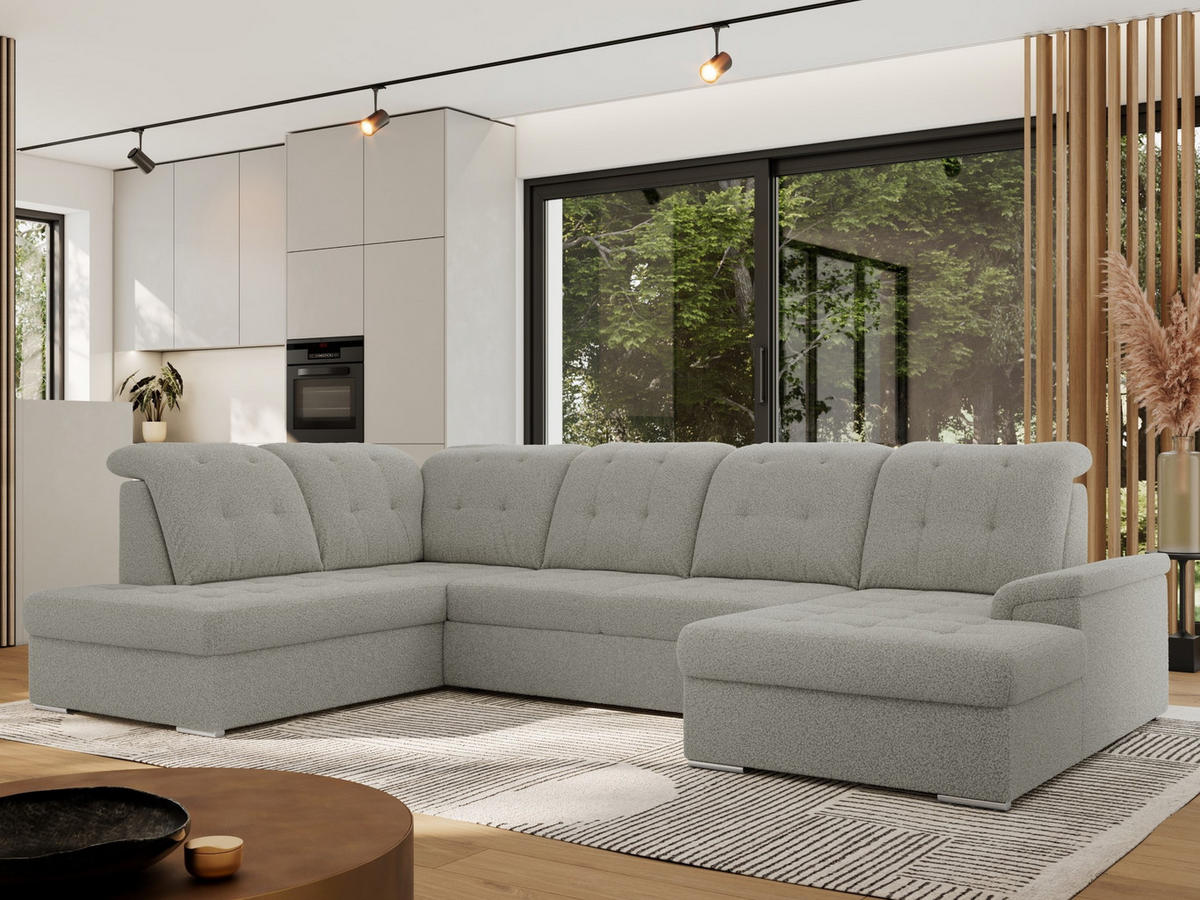 WOHNLANDSCHAFT MADRITO U - Hellgrau Boucle - Links - Silberfarben/Hellgrau, Textil/Metall (204/89/323cm) - MKS