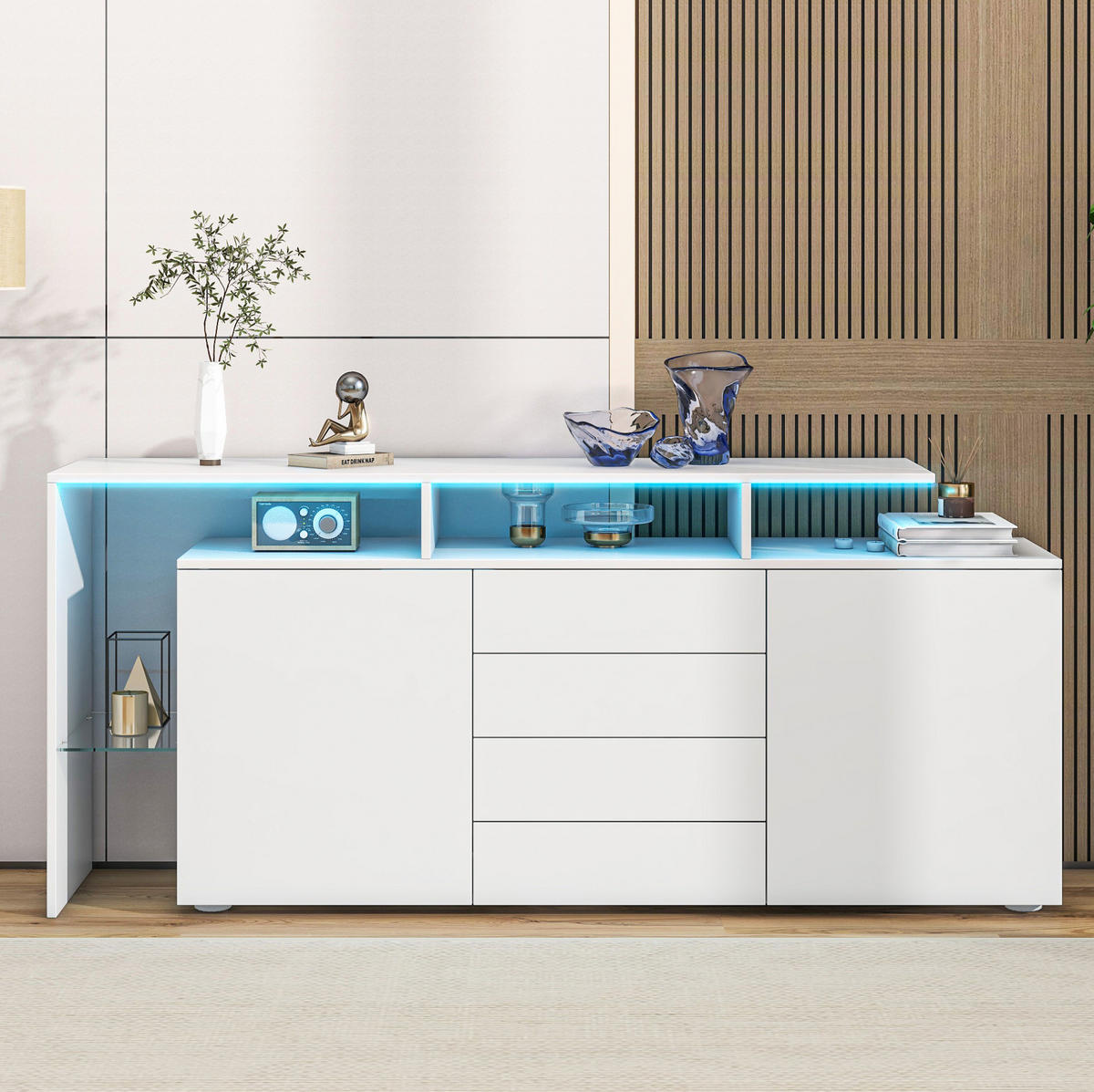 SIDEBOARD 160/35/70 cm weiß aus Spanplatte mit LED - Weiß, Holzwerkstoff (160/70/35cm) - OKWISH