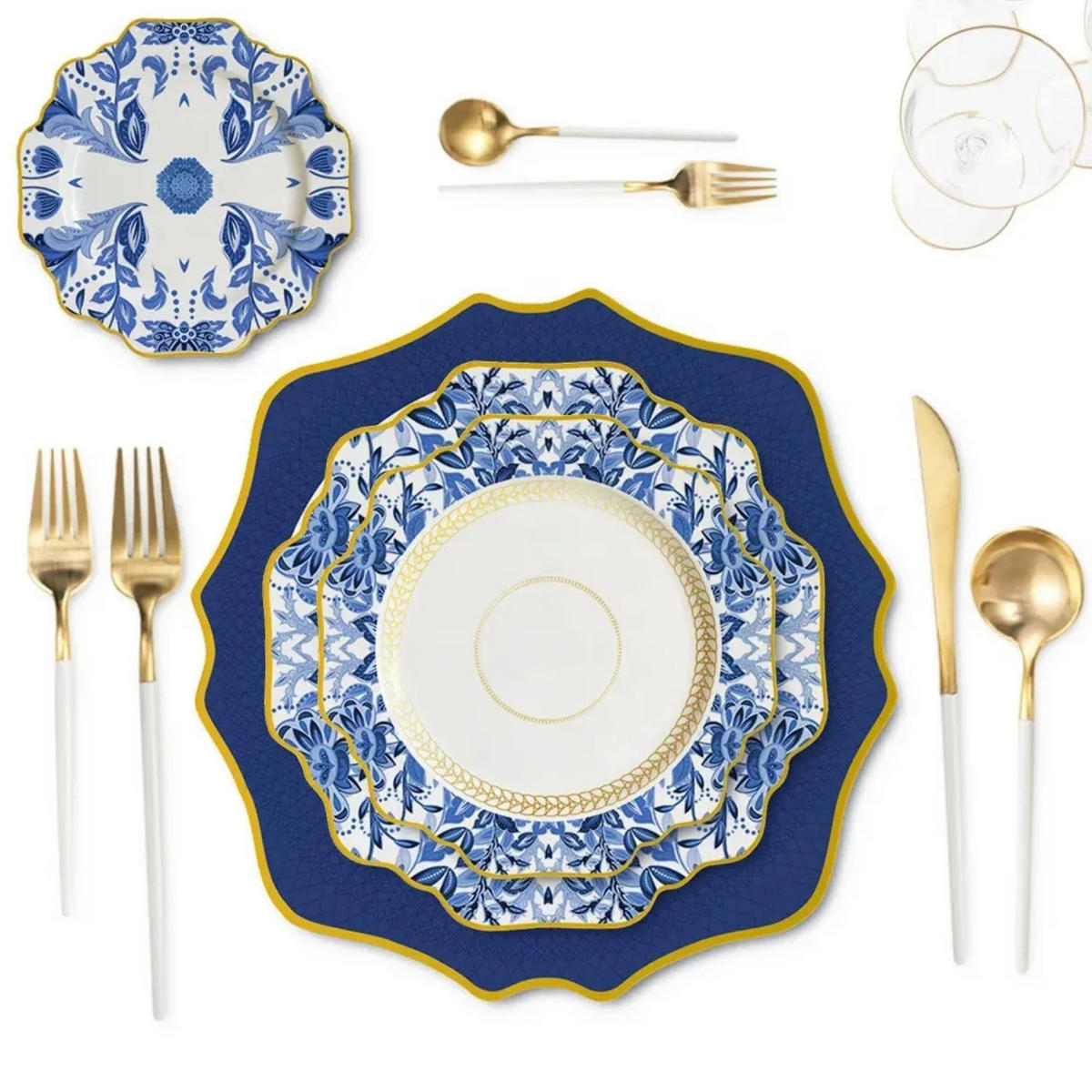 TELLERSET Blumen Goldrand Bone China Weiß Gold 4tlg Ø30 Ø27 Ø20 Ø16 cm - Blau/Goldfarben, Keramik (30/2/2cm) - Quality Elegance