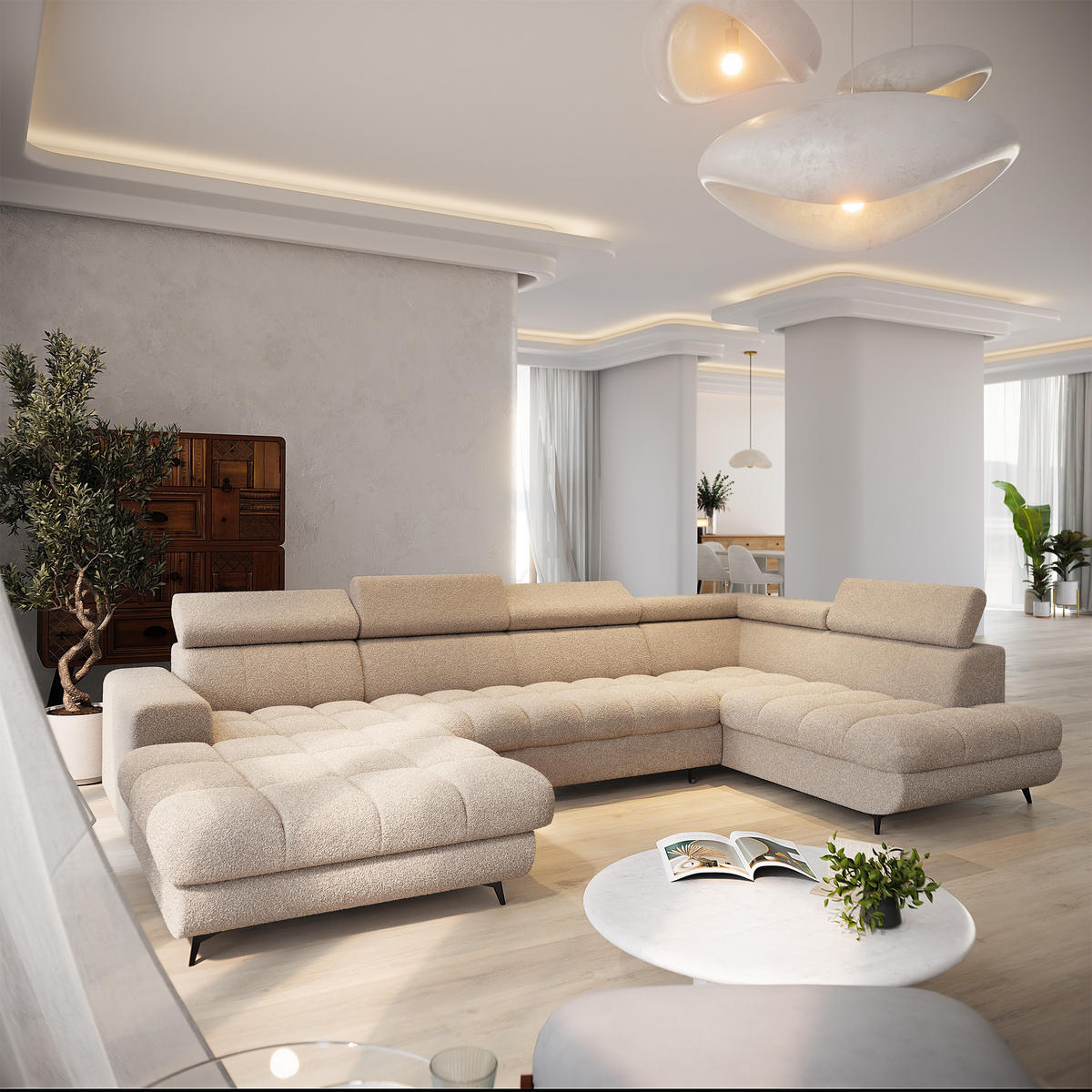WOHNLANDSCHAFT CORENO Beige Boucle-Stoff mit Schlaffunktion - Beige, Holz (345/88/190cm) - MASSENO