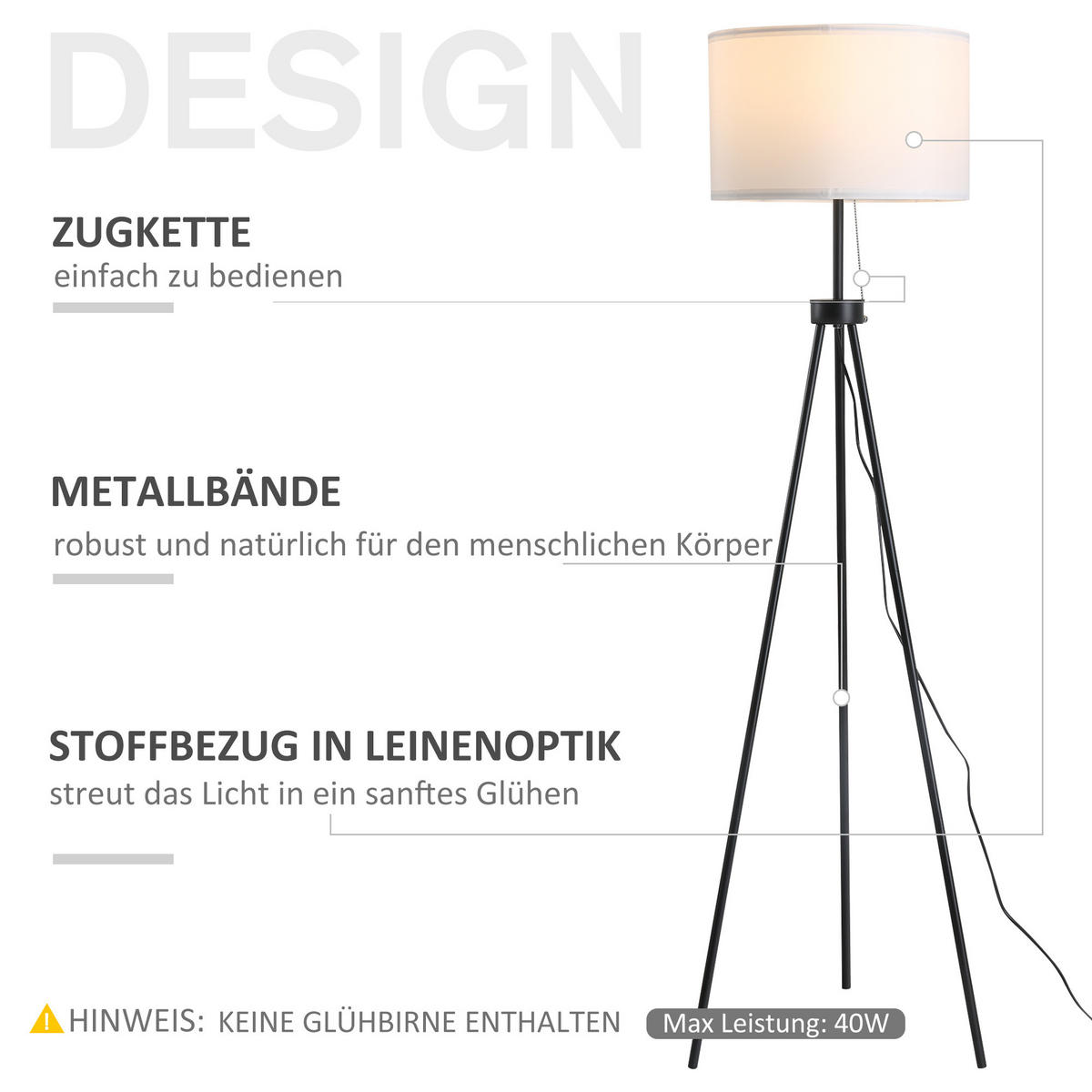 STEHLAMPE, Stehleuchte, Schwarz+Weiß - Multicolor, Metall (37/152/37cm) - HOMCOM