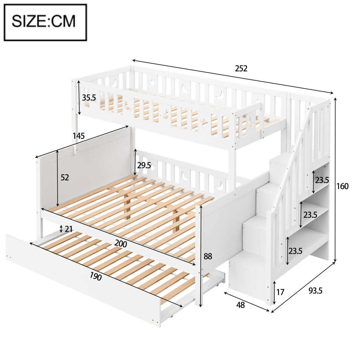 PATROVÁ postel 90/200 cm a 140/200 cm bílá s úložným prostorem a bezpečnostními schůdky - bílá, dřevo (90/200cm) - OKWISH