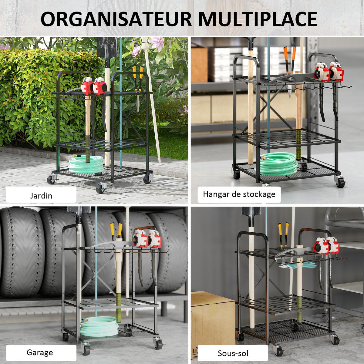 GARTENREGAL DE-13808 mit Rollen und 40 Fächern Schwarz - Schwarz, Metall (48/70/57cm) - ComfortXL