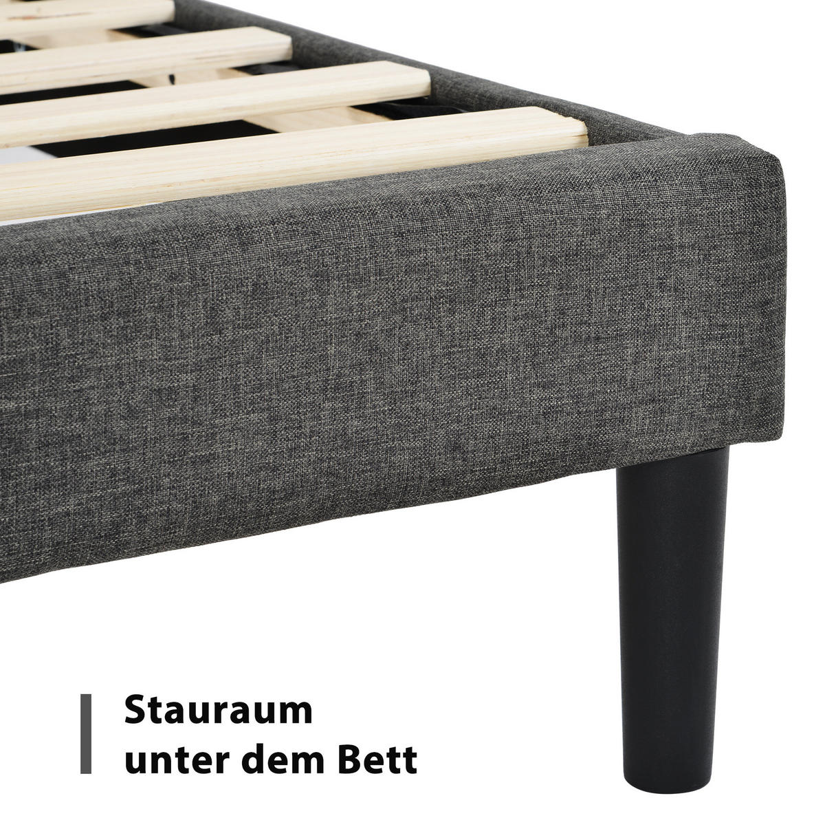 OBLAZINJENA postelja 140/200 cm z letvenim dnom, poudarjenim vzglavjem in laneno tkanino, Temno siva - temno siva, tekstil (140/200cm) - Redom