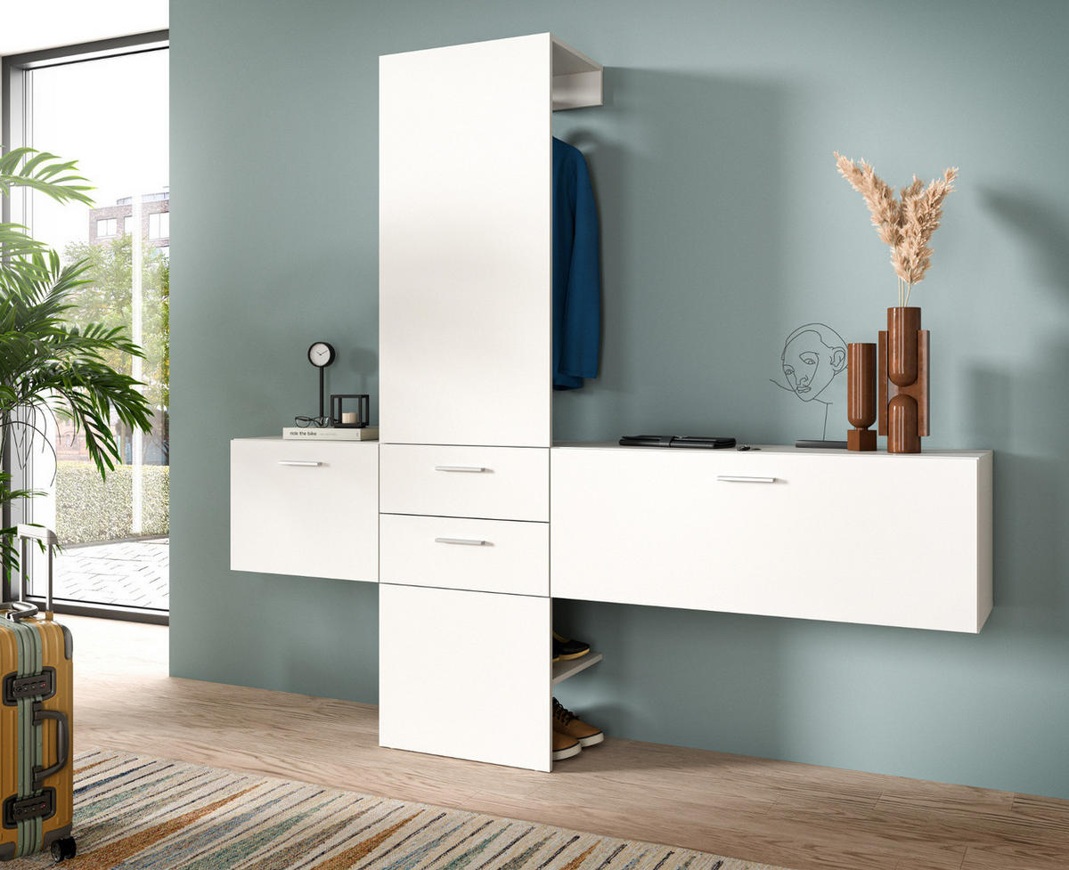 GARDEROBE Set 3-teilig weiß 208 cm, Komplettset mit viel Stauraum - Silberfarben/Weiß, Glas/Holzwerkstoff (208/190/36cm) - Inn.Furn