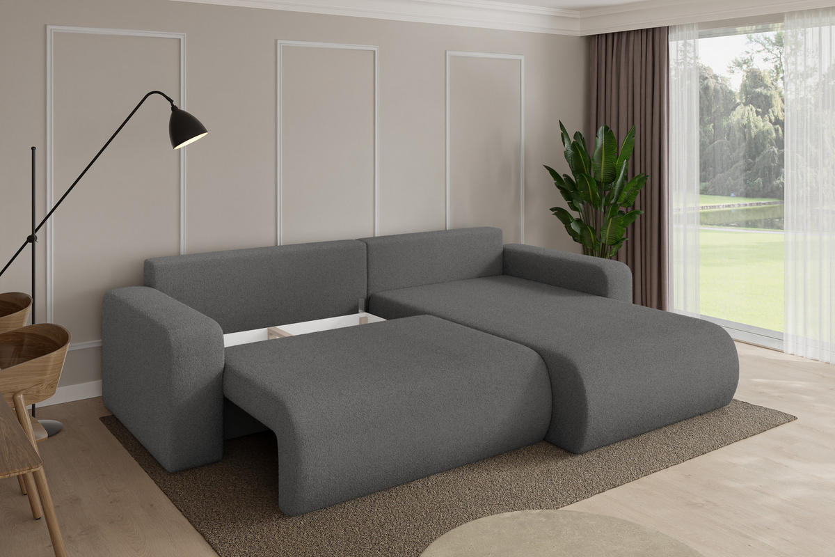 ROHOVÁ SEDAČKA s funkcí spaní, otoman vpravo BERY-L 276x193x88 šedá bouclé - šedá/černá, kompozitní dřevo/textil (276/193cm) - ALTDECOR