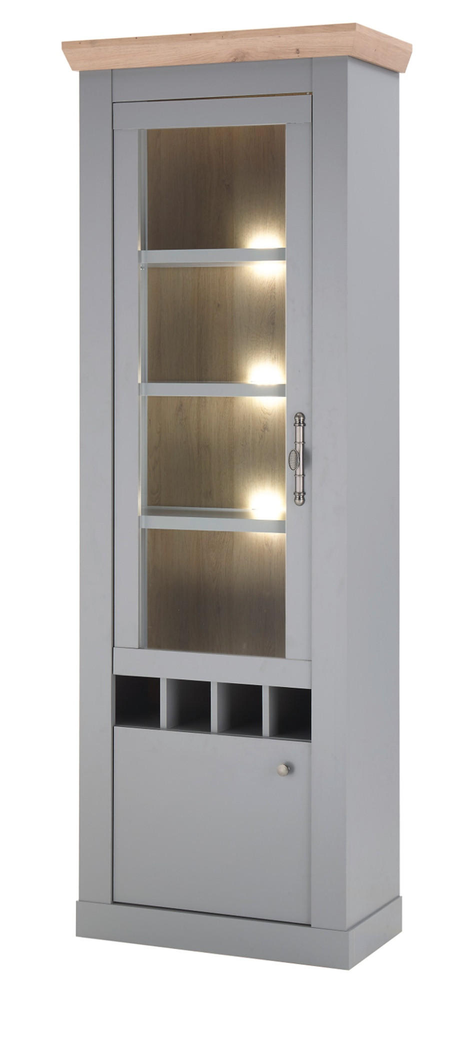 VITRINE grau, Artisan Eiche Landhaus 71 cm, Vitrinenschrank mit Weinregal - Silberfarben/Hellgrau, Glas/Holzwerkstoff (71/201/37cm) - Furn.Design