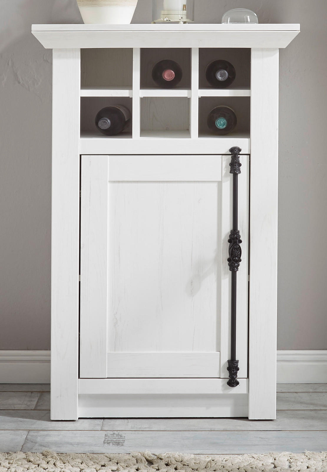 KOMMODE Pinie weiß Landhaus 63 x 100 cm, Anrichte mit Weinregal - Schwarz/Weiß, Holzwerkstoff/Metall (63/100/45cm) - Furn.Design