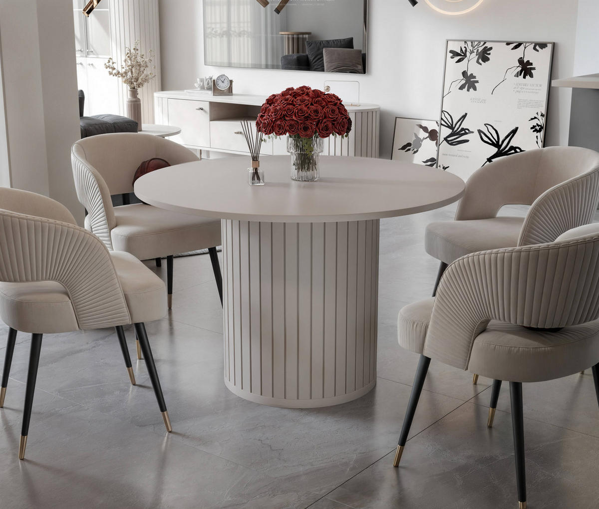 ESSTISCH rund mit geriffeltem Sockel, Cashmere - Creme, Holzwerkstoff (120/120/75cm) - Idohome