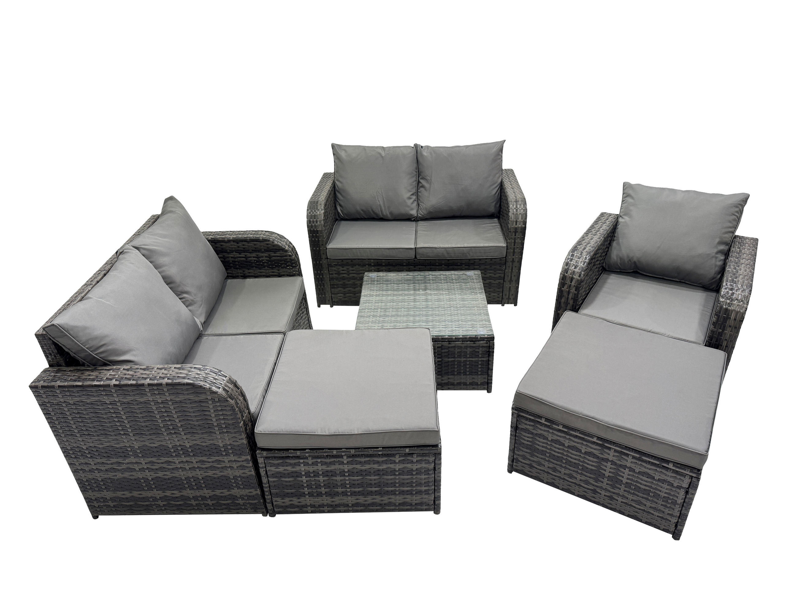 GARTENMÖBEL SET mit COUCHTISCH Polyrattan Dunkelgrau 7-Sitzer - Dunkelgrau/Grau, Glas/Kunststoff - Fimous