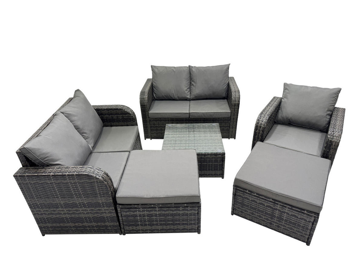 GARTENMÖBEL SET mit COUCHTISCH Polyrattan Dunkelgrau 7-Sitzer - Dunkelgrau/Grau, Glas/Kunststoff - Fimous