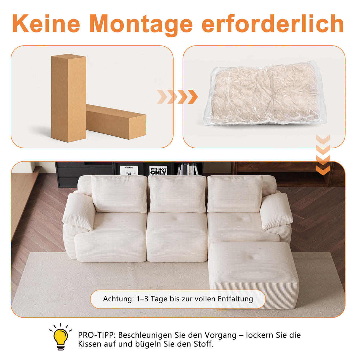 ECKSOFA,3-SITZER-SOFA, Stoffsofa L Form Cordstoff mit Hocker,Beige - Beige, Textil (264/89cm) - PARAFTA HOME