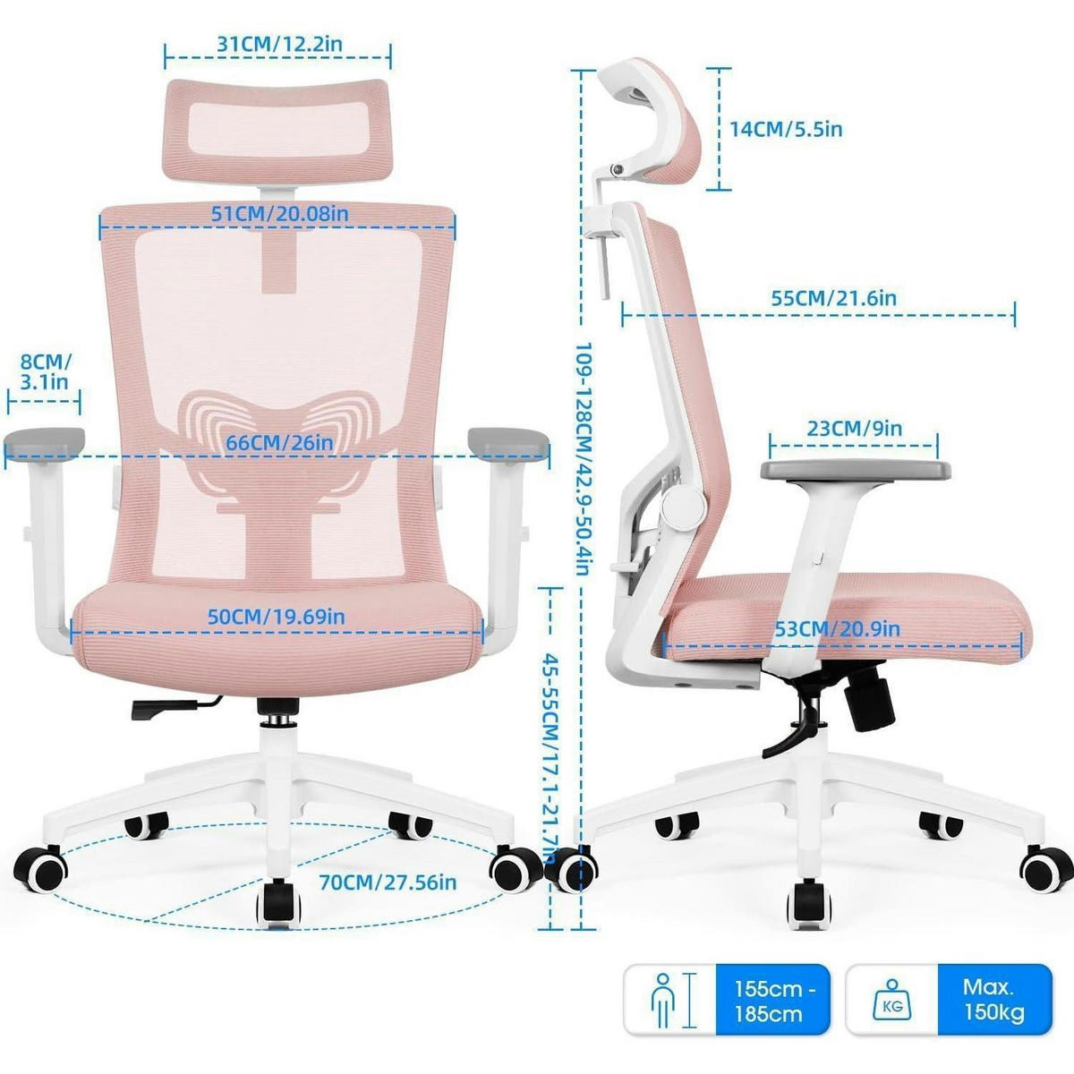 BÜROSTUHL Ergonomisch mit Kopfstütze und Lendenwirbelstütze Rosa - Rosa, Textil (70/128/70cm)