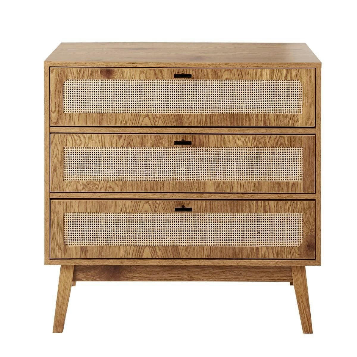 KOMMODE mit 3 Schubladen, Rattanfronten und Holzfüßen 80/39/79 cm - Eschefarben, Holzwerkstoff (80/79/45cm) - Calicosy