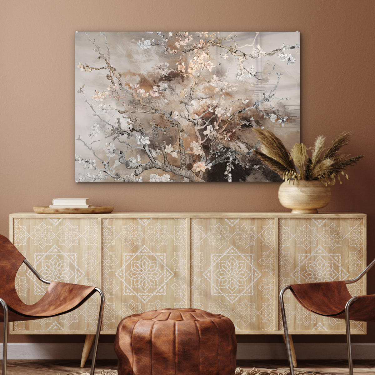 ACRYLGLASBILD Mandelblüte - Kunst - Van Gogh - Beige - Abstrakt 120x80 cm - Braun, Glas (120/80cm) - MuchoWow