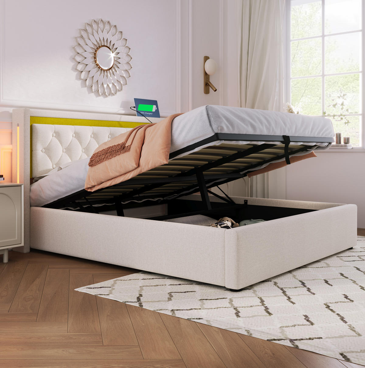 POLSTERBETT mit LED, Stauraum und USB-C 140x200 cm Beige inklusive Matratze - Beige, Metall (140/200cm) - Meubliv