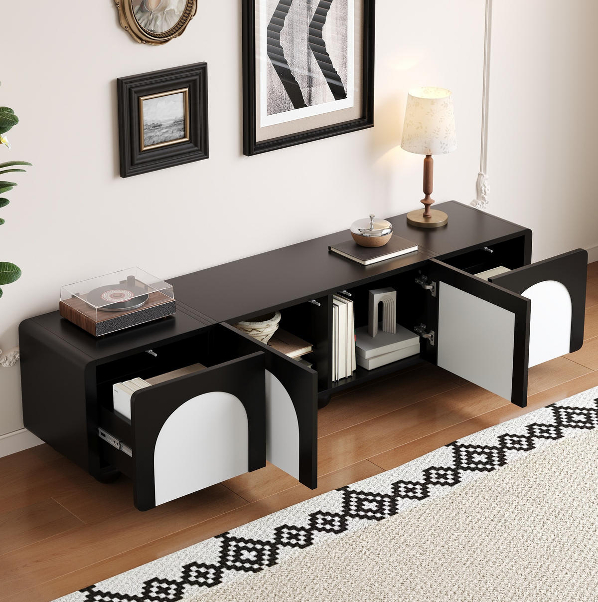 TV ormarić 180/38/45 cm crno-bijeli od MDF-a i PB-a s 2 ladice i 2 vrata - crna, drvni materijal (180/45/38cm) - OKWISH