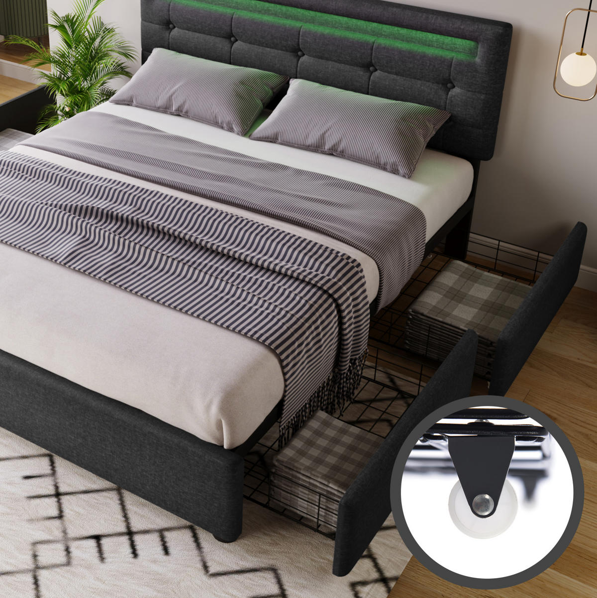 BETT mit LED und 4 Schubladen 140x200 cm Leinen Grau - Grau, Metall (140/200cm) - Meubliv