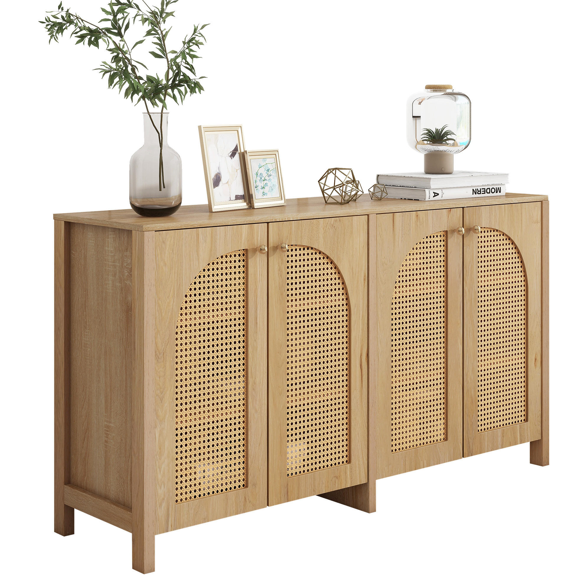 SIDEBOARD mit 4 Türen, Kunst-Rattan, Metallgriffen und verstellbarem Einlegeboden, Natur - Naturfarben, Holzwerkstoff (145/40/80cm) - Redom