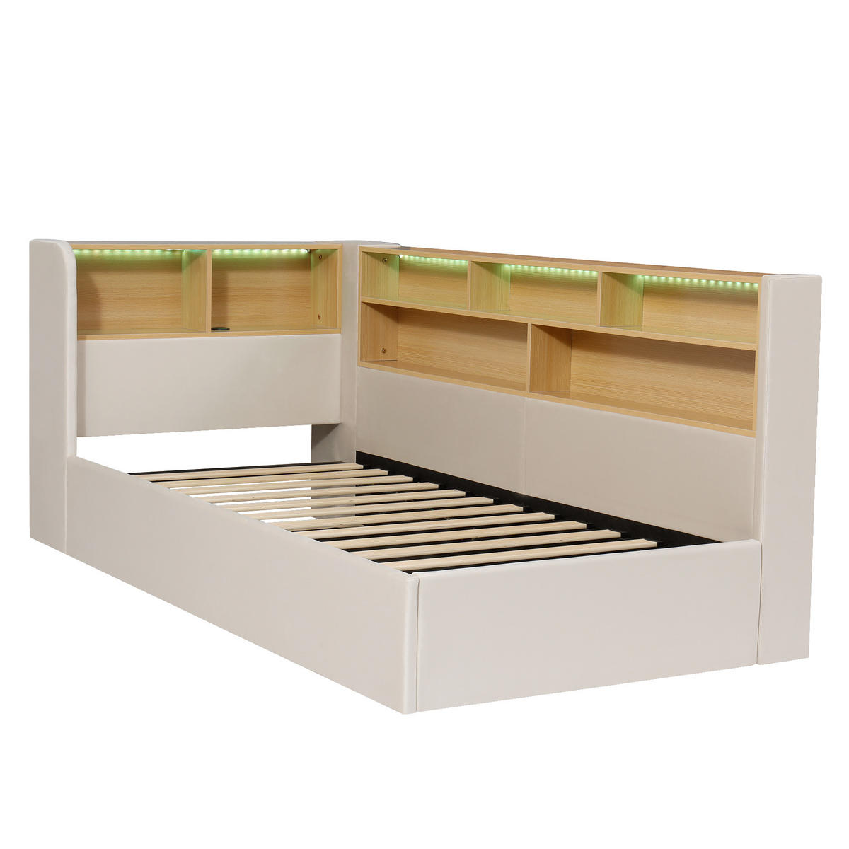 MULTIFUNKTIONSBETT 90/200 cm beige aus Samt mit LED und hydraulischem Stauraum - Beige, Textil (90/200cm) - OKWISH