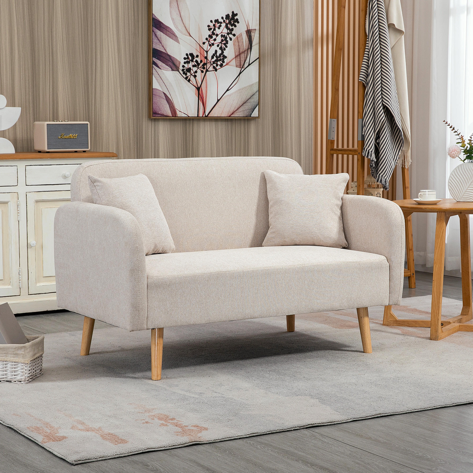 2 Sitzer Sofa, Couch mit 2 Wurfkissen, gepolsterter Doppelsofa mit Samtopik - Creme, Holz (70/80/130cm) - HOMCOM