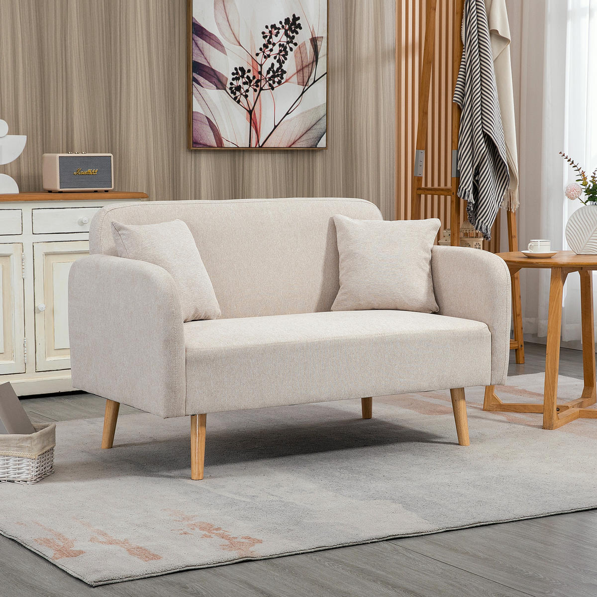 SOFA 2-Sitzer, Gummiholz, Samt Cremeweiß - Creme, Holz (70/80/130cm) - HOMCOM