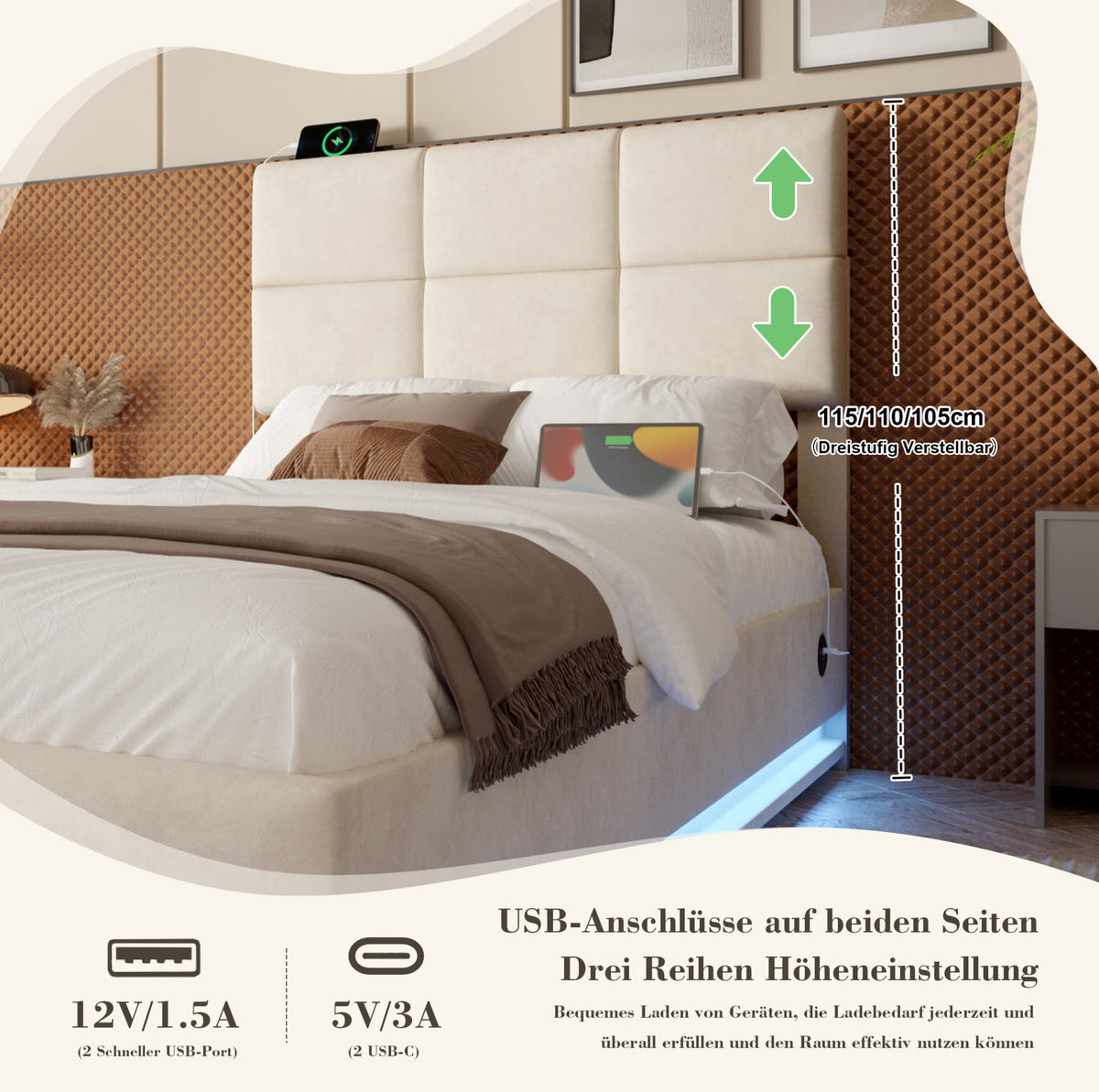 BETT mit Stauraum 90x200 cm Samt Beige - Beige, Metall (90/200cm) - Meubliv