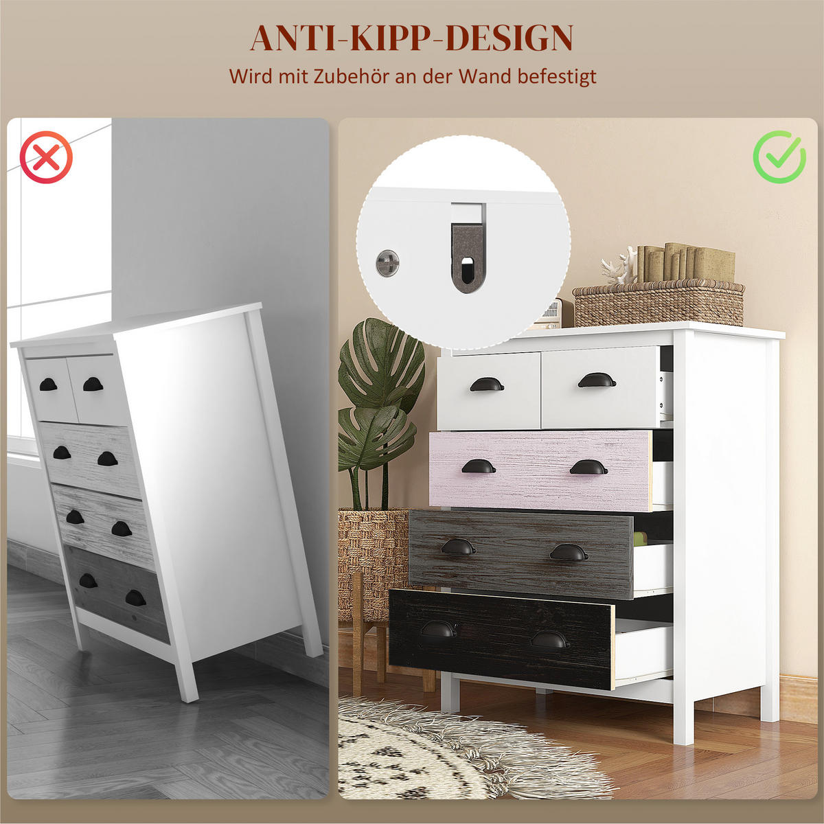 KOMMODE Aufbewahrungsschrank mit 5 Schubladen, Schubladenschrank mit Griff - Weiß, Metall (38/85/70cm) - HOMCOM