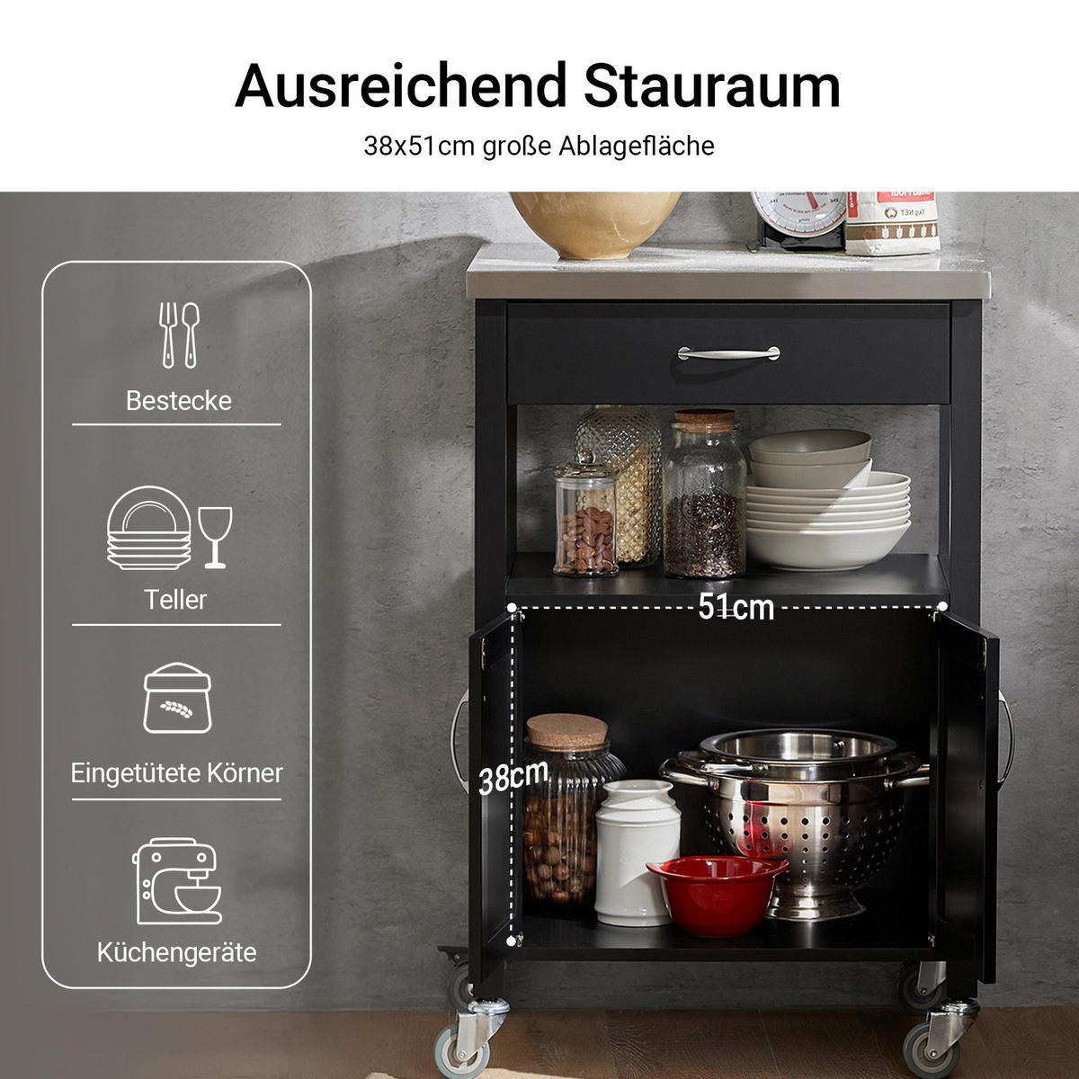 KÜCHENWAGEN Schwarz - Schwarz, Holzwerkstoff (60/90/45cm) - SoBuy