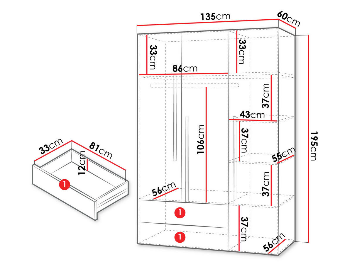 KLEIDERSCHRANK Lorin 3D2S LO01 - Kaschmir, Holzwerkstoff (135/195/60cm) - MIRJAN24