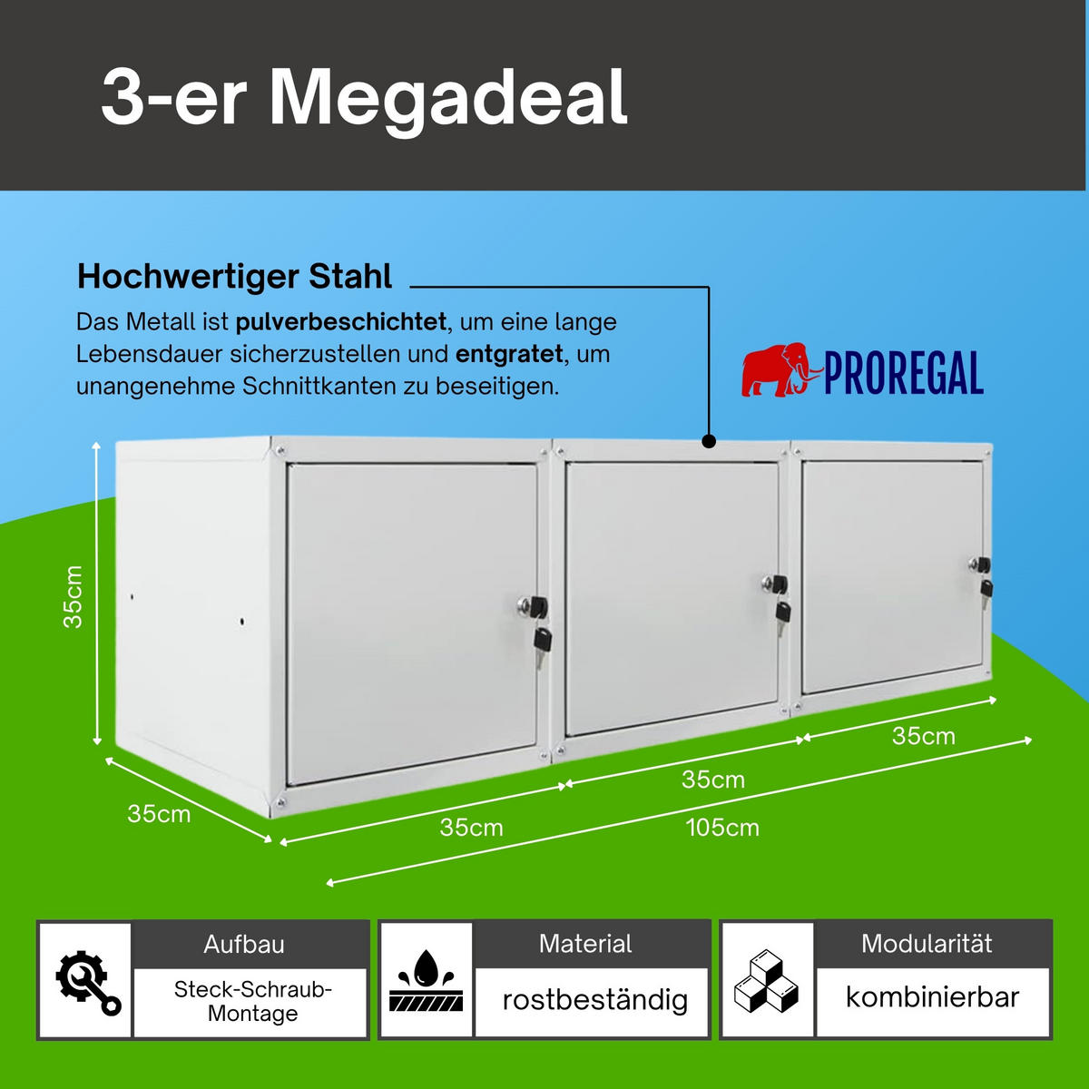 SCHLIESSFACHWÜRFEL Cubic 3er-Set 35x35x35 cm Grau - Grau, Metall (105/35/35cm) - PROREGAL