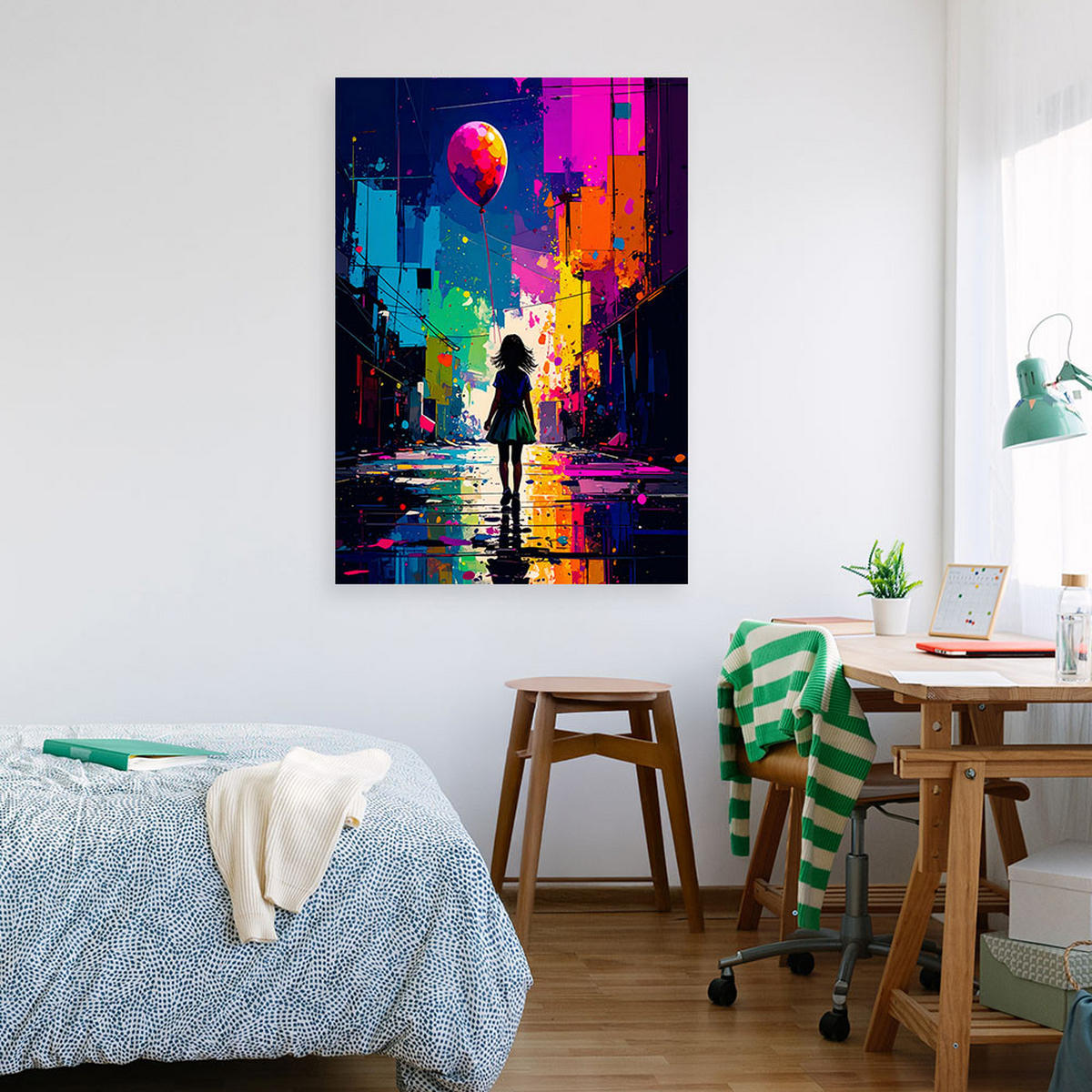 LEINWANDBILD Mädchen mit Ballon Street Art 80x120cm - Multicolor, Textil (80/120cm) - Feeby