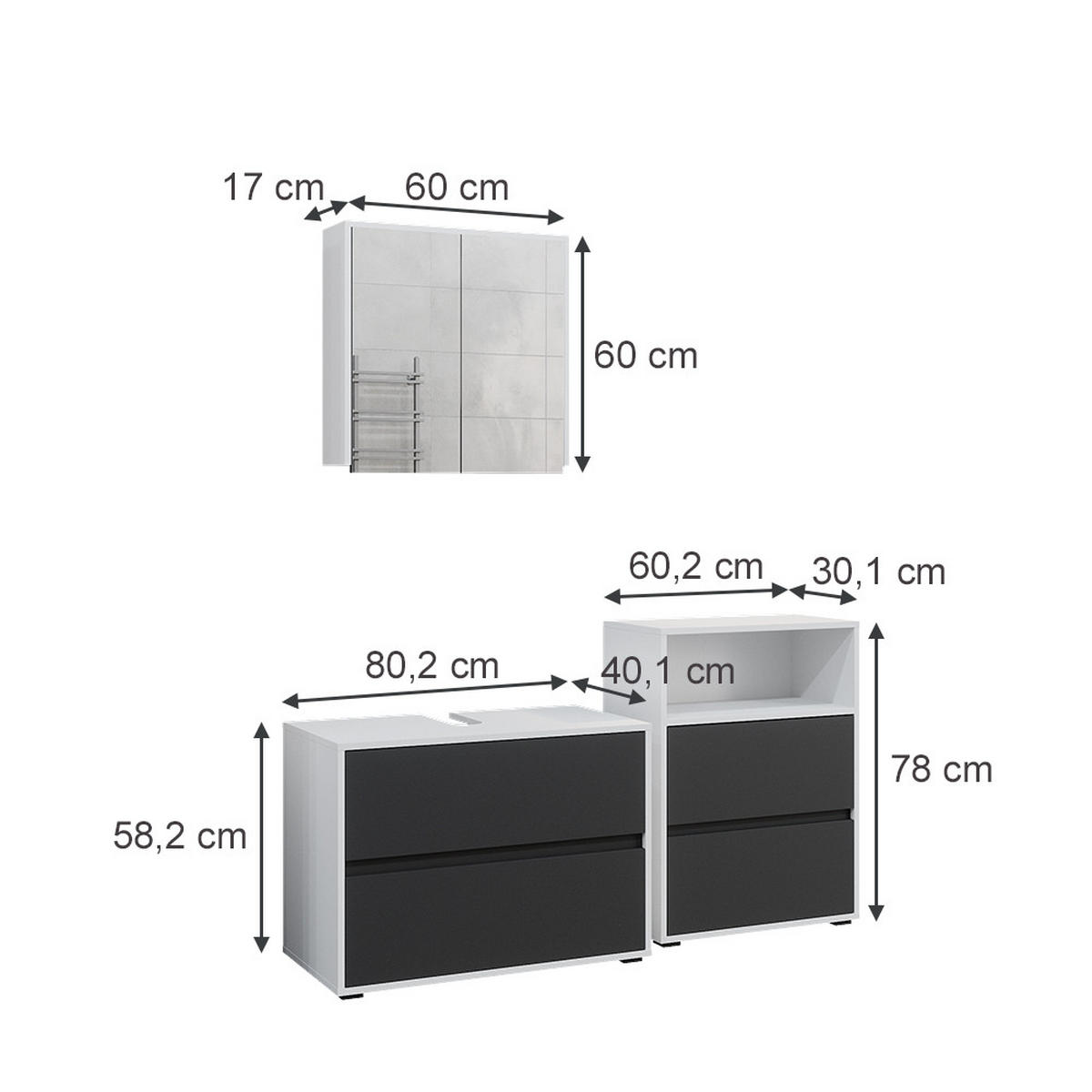 BADEZIMMER-SET Maltin Weiß/Anthrazit 3 Teile - Anthrazit/Weiß, Holzwerkstoff (80/58/40cm) - Vicco