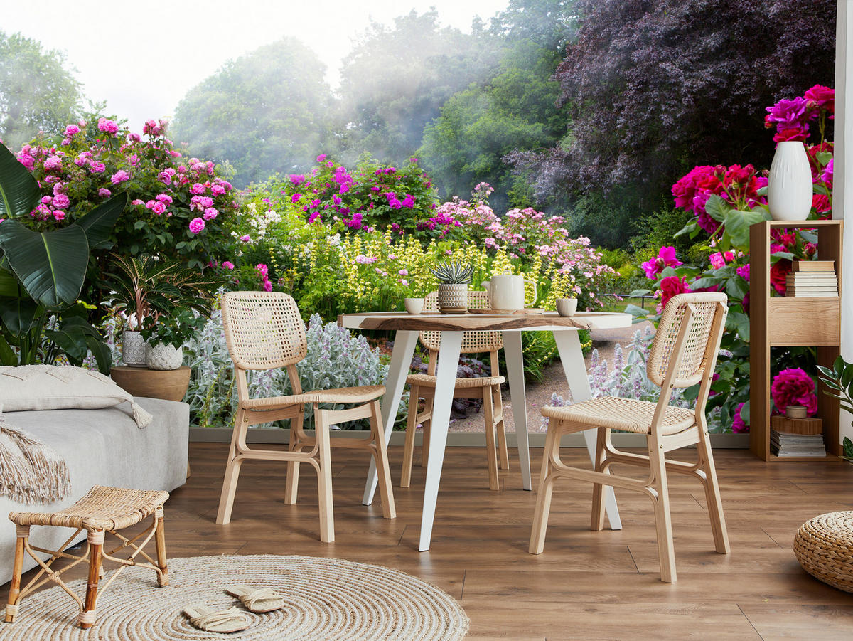 FOTOTAPETE für Schlafzimmer Bunte Blumen Waldweg Rosen Bäume 450x315 - Gelb/Violett, Papier (450/315cm) - Muralo