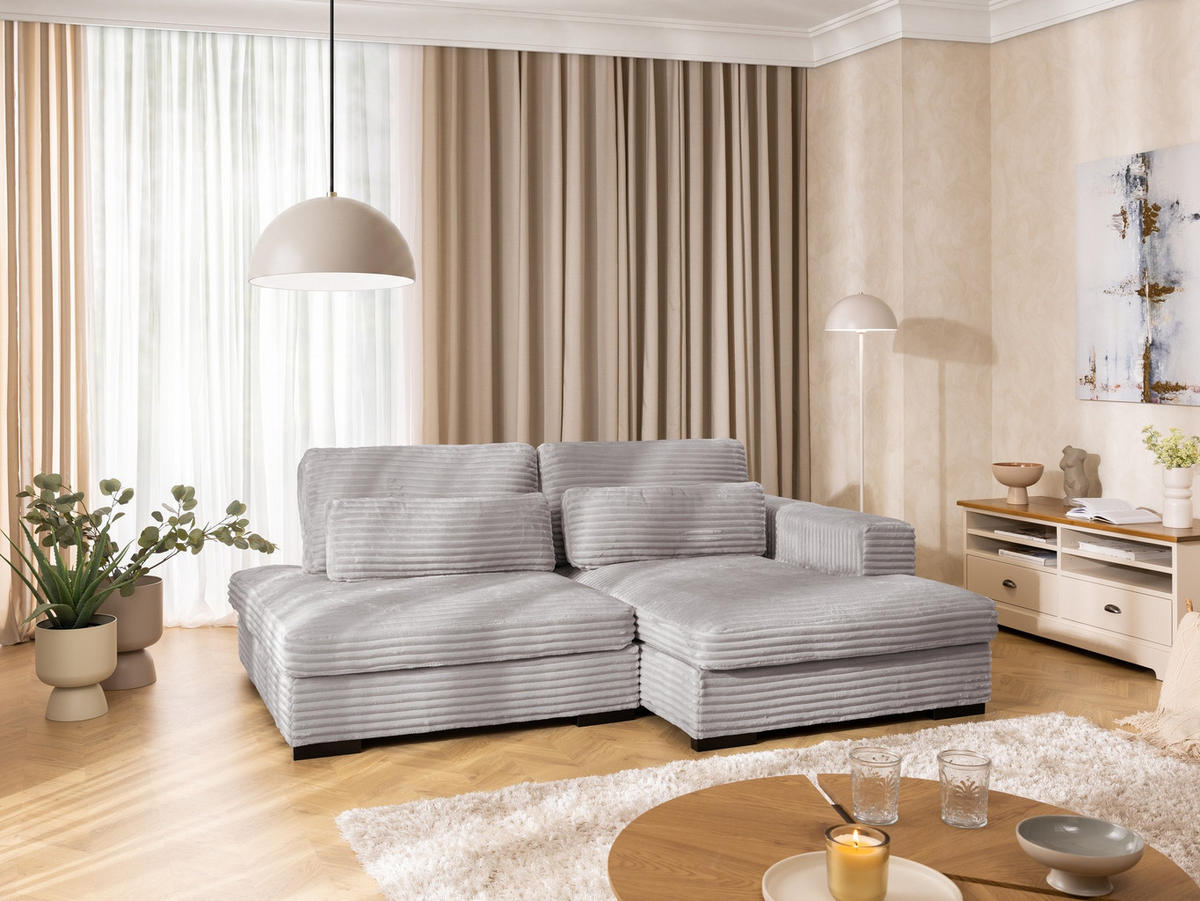 ECKSOFA Wolke mit tiefer Sitzfläche, Schlaffunktion und praktischem Bettkasten aus weichem Hellgrau Cordstoff - Hellgrau/Schwarz, Holz/Kunststoff (225/162cm) - S-Style