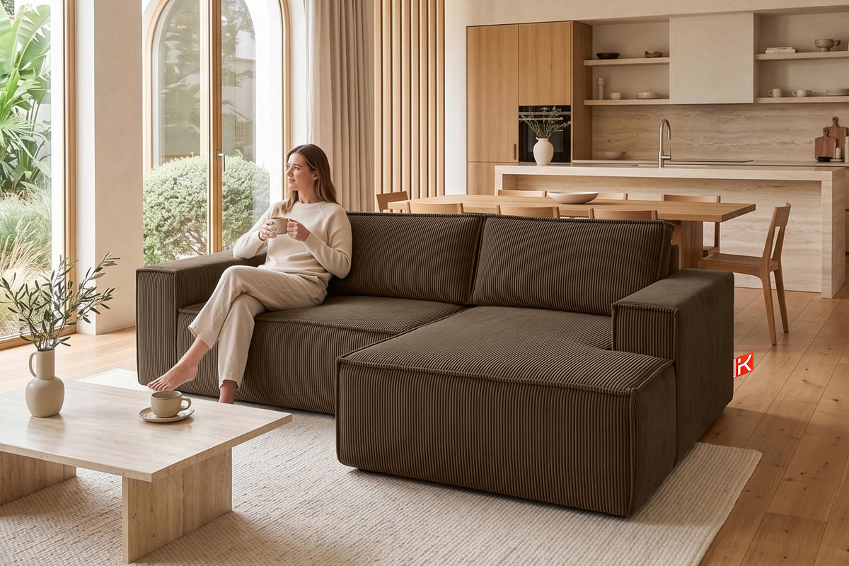 ECKSCHLAFSOFA-RECHTS NAPI in Pet Friendly Cord-Stoff, dunkelbraun - Dunkelbraun/Schwarz, Textil (262/148cm) - KONSIMO®