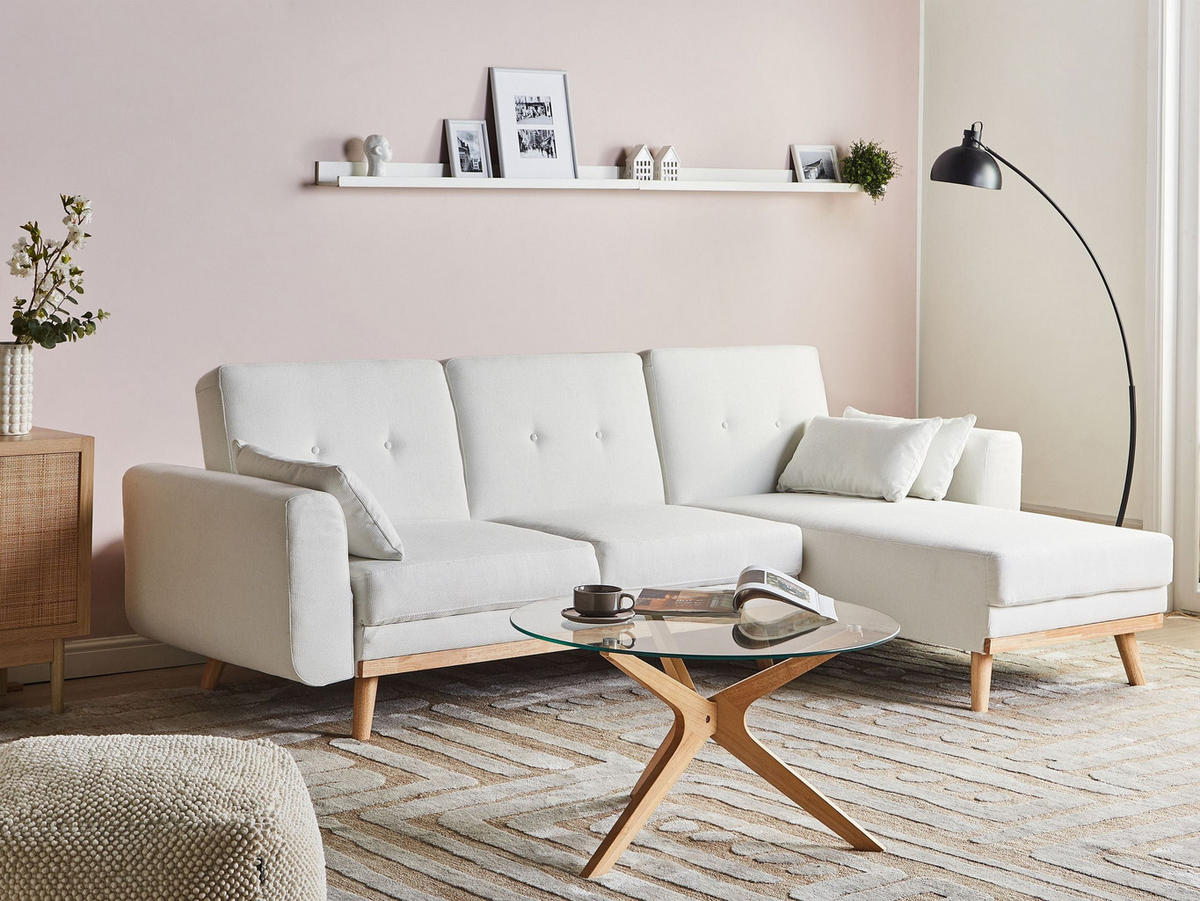 ROZKLÁDACÍ ROHOVÁ POHOVKA 3-místná Látka Bílá levostranná Kaarina - světle hnědá, textil (260/152cm) - Beliani