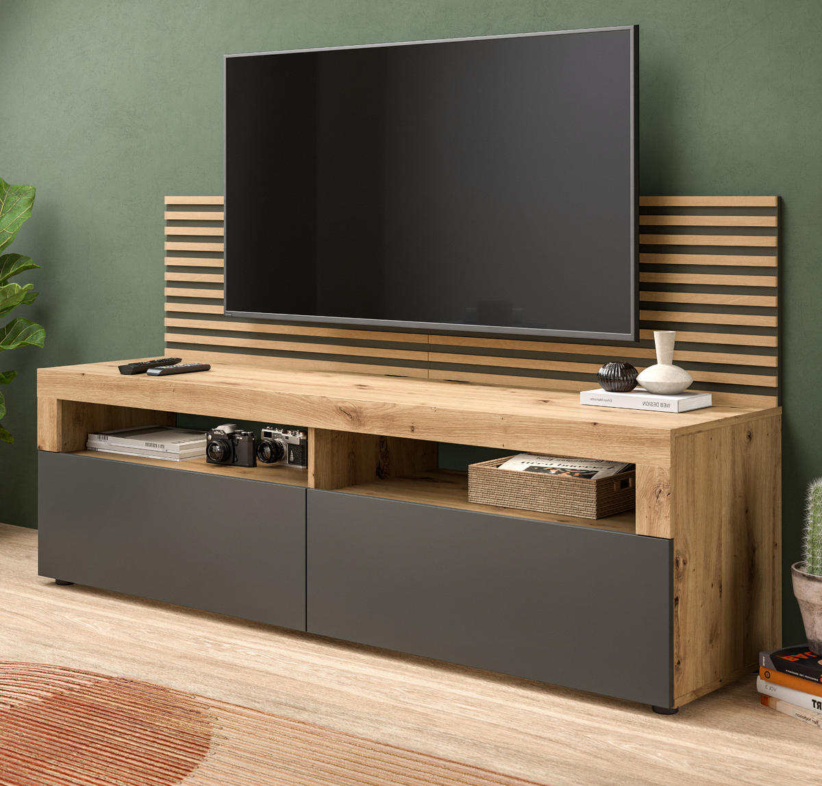 TV-LOWBOARD Eiche Artisan, grau 160 cm mit Akustikpaneelen - Schwarz/Eiche Artisan, Holzwerkstoff/Kunststoff (160/90/45cm) - Inn.Furn