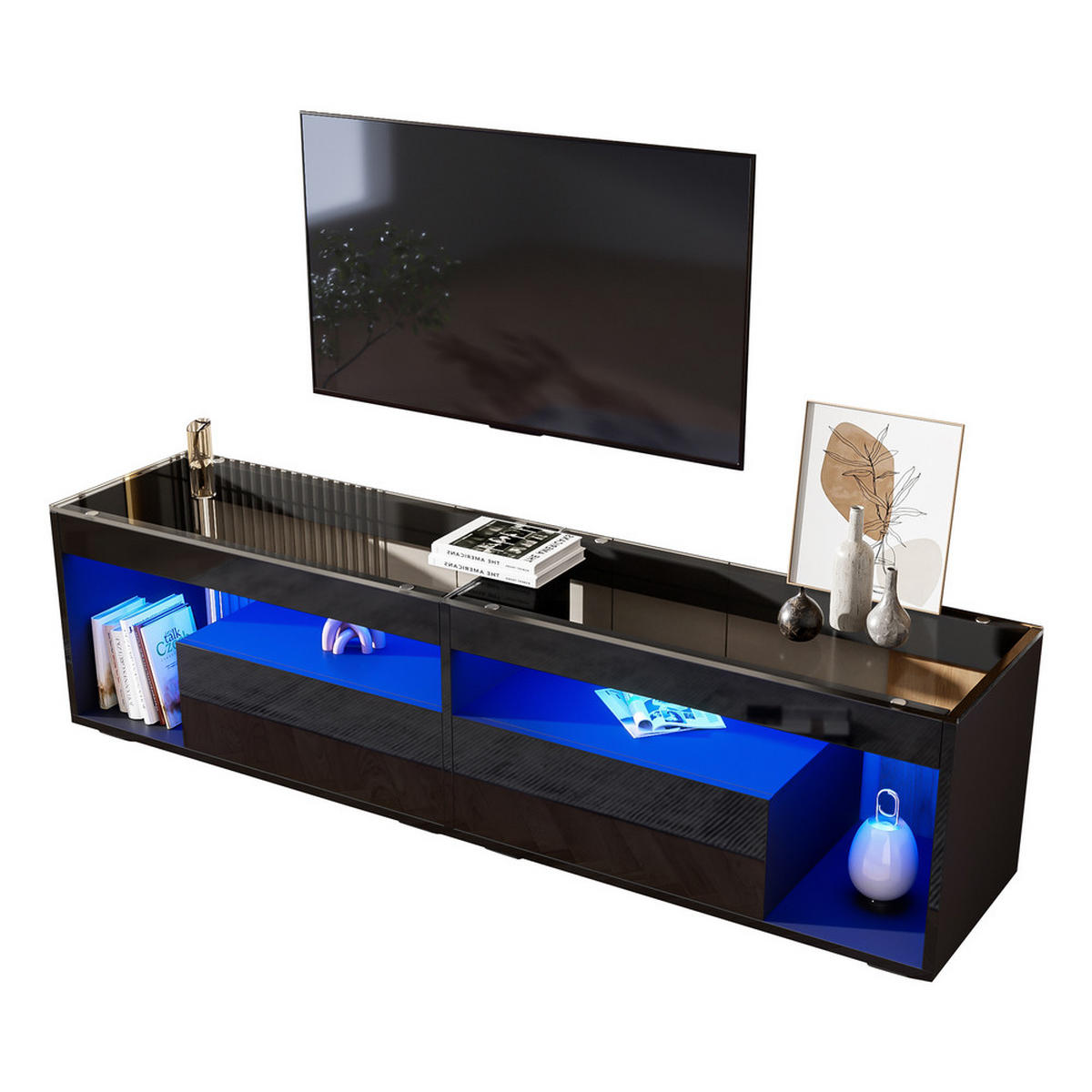 TV-SCHRANK Hochglanz LED-Beleuchtung 2 Schubladen Schwarz bis 70 Zoll - Schwarz, Holz (48.9/15.24/104.14cm) - FLIEKS