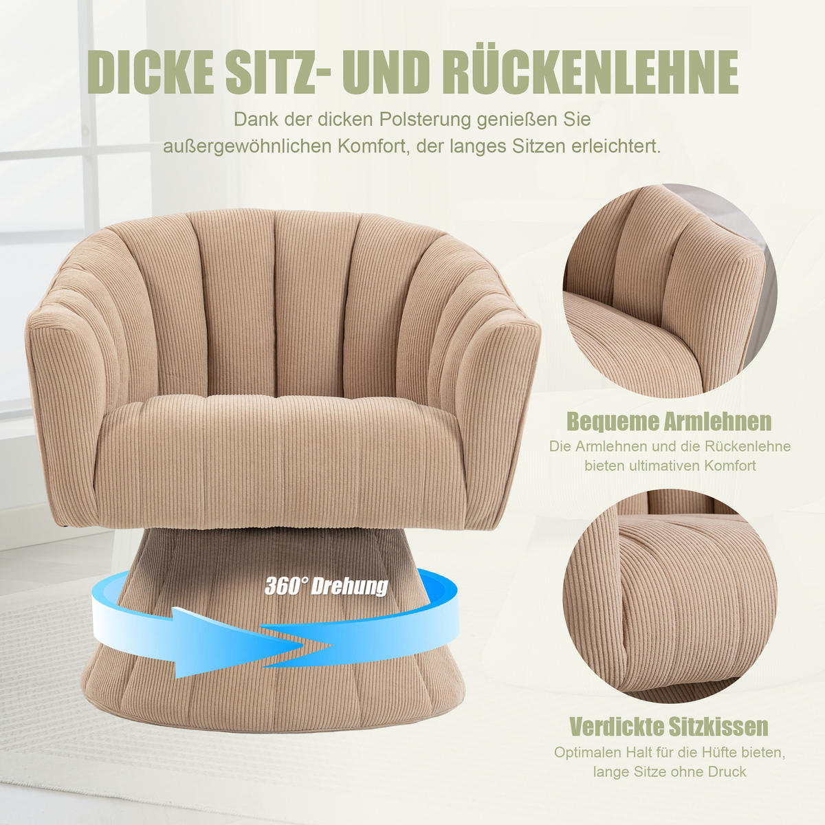 DREHSTUHL Moderner 360° Beige mit Cord-Bezug - Beige, Textil (70/72/66cm) - Urban Meuble