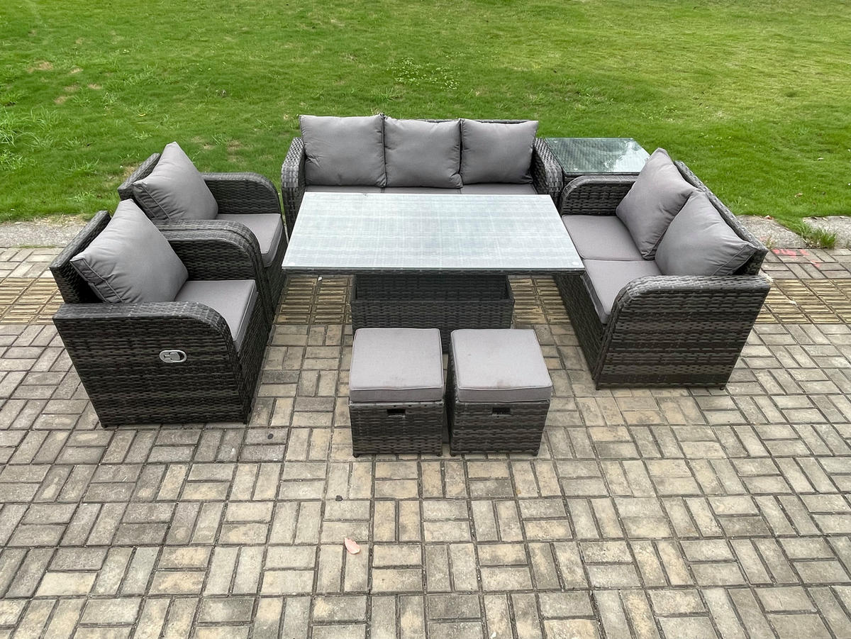 SITZGRUPPE GARTENSET MIT COUCHTISCH Polyrattan Outdoor 9-Sitzer - Dunkelgrau/Grau, Glas/Kunststoff - Fimous