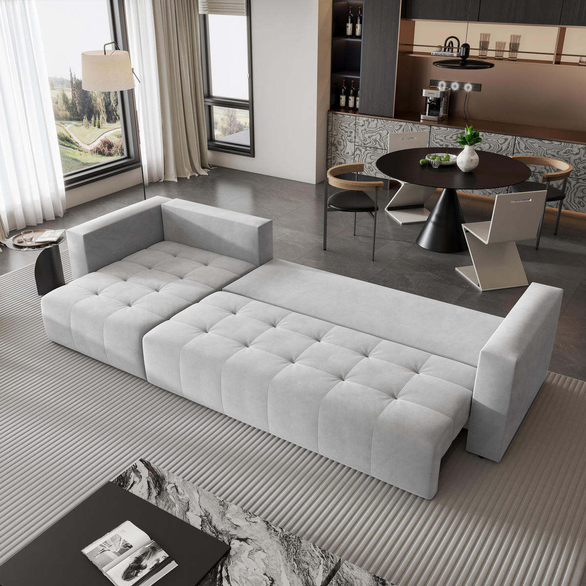 ECKSOFA OLVERA Hellgrau Plüsch-Stoff mit Schlaffunktion - Hellgrau, Holz (347/148cm) - MASSENO