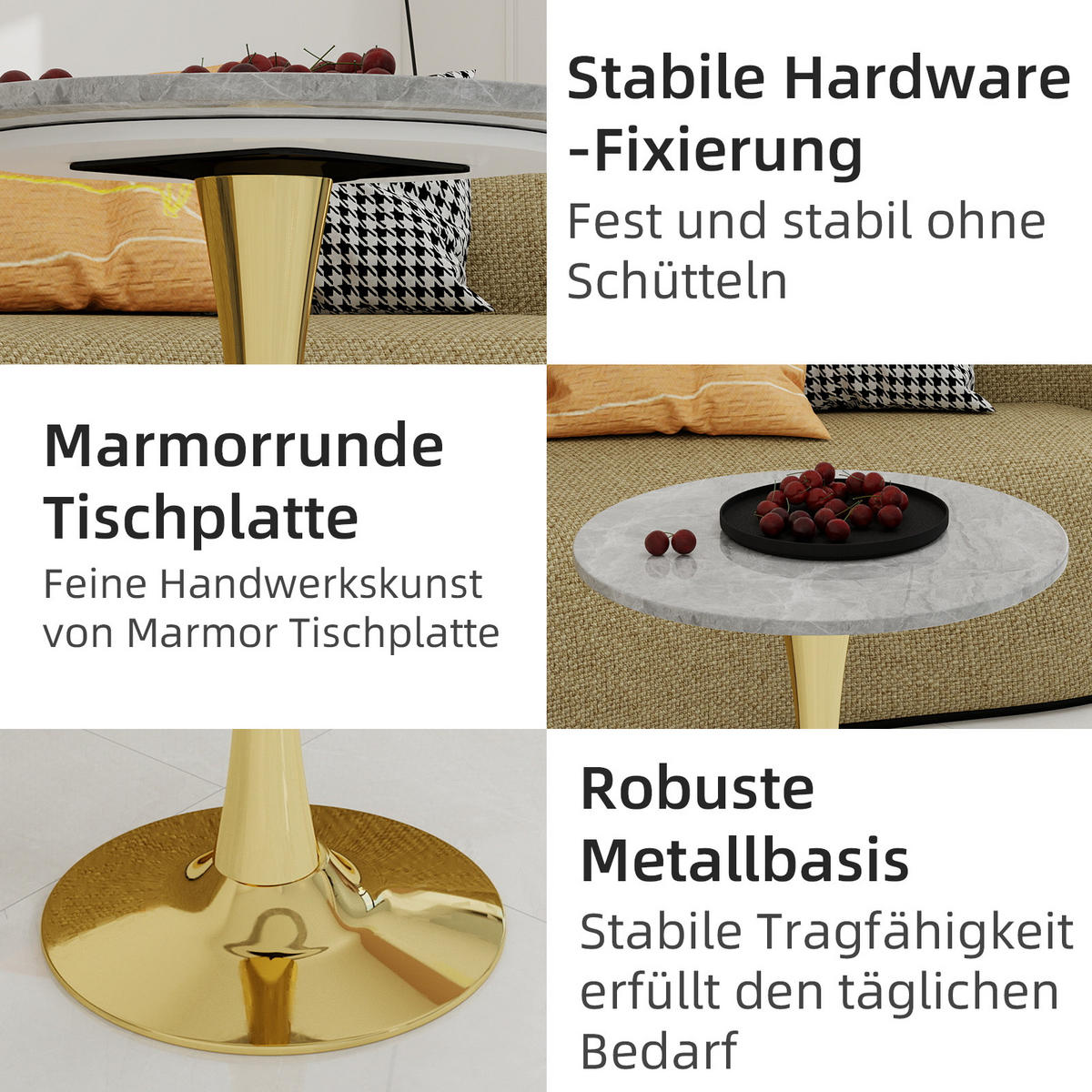 COUCHTISCH in Gold Wohnzimmertisch mit einer runden Marmor-Tischplatte für Wohnzimmer, B70/T70/H72 cm - Goldfarben, Stein/Metall (70/70/72cm) - STILVORA