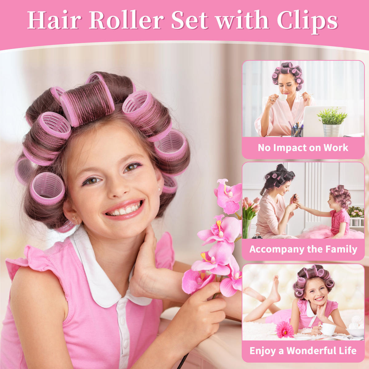 LOCKENWICKLER Set 50 Stück Selbsthaftend mit Clips 4 Größen Haarroller - Rosa, Kunststoff (5.5/6.3/5.5cm)