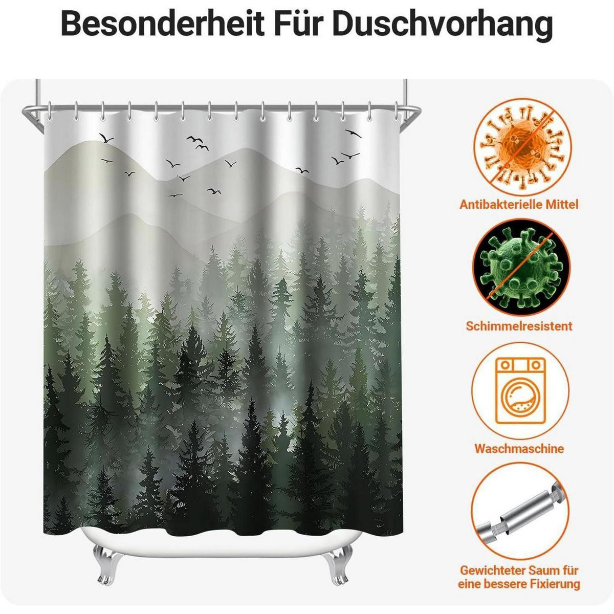 DUSCHVORHANG Wald 240 x 200 cm Textil Wasserabweisend - Grün, Textil (240/200cm)